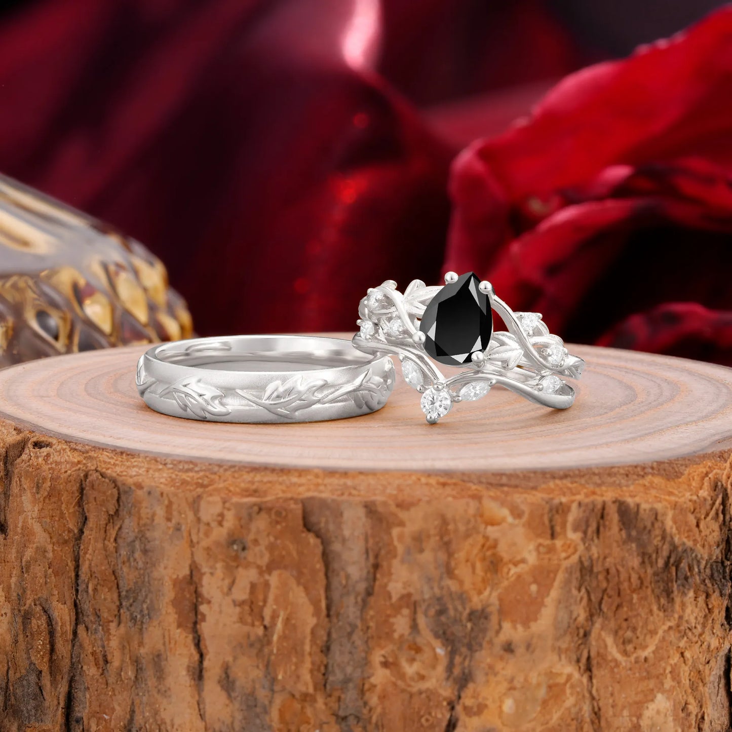 Vintage Leaf Pear Cut Black Onyx Couple Wedding Ring
