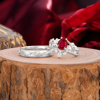 Vintage Leaf Pear Cut Ruby Couple Wedding Ring