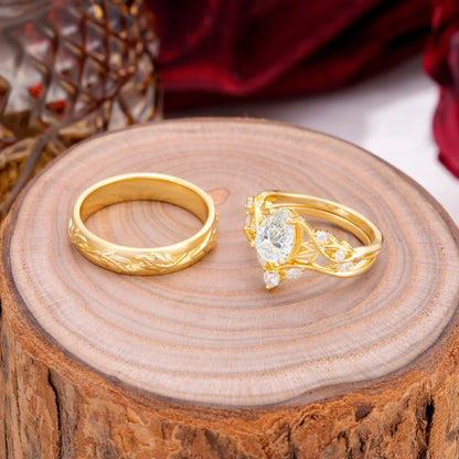 Vintage Leaf Pear Cut Moissanite Couple Wedding Ring