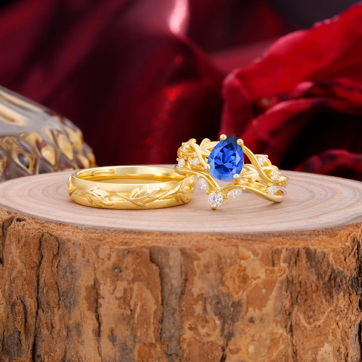 Vintage Leaf Pear Cut Sapphire Couple Wedding Ring