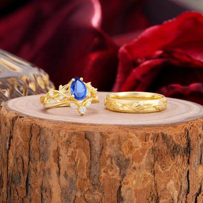 Vintage Leaf Pear Cut Sapphire Couple Wedding Ring
