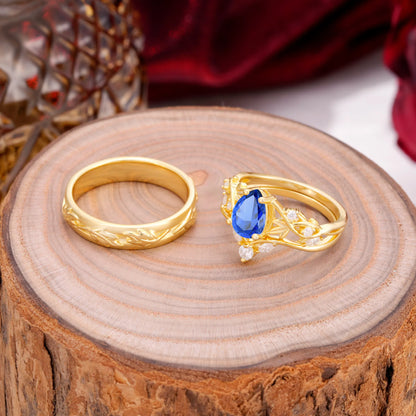 Vintage Leaf Pear Cut Sapphire Couple Wedding Ring