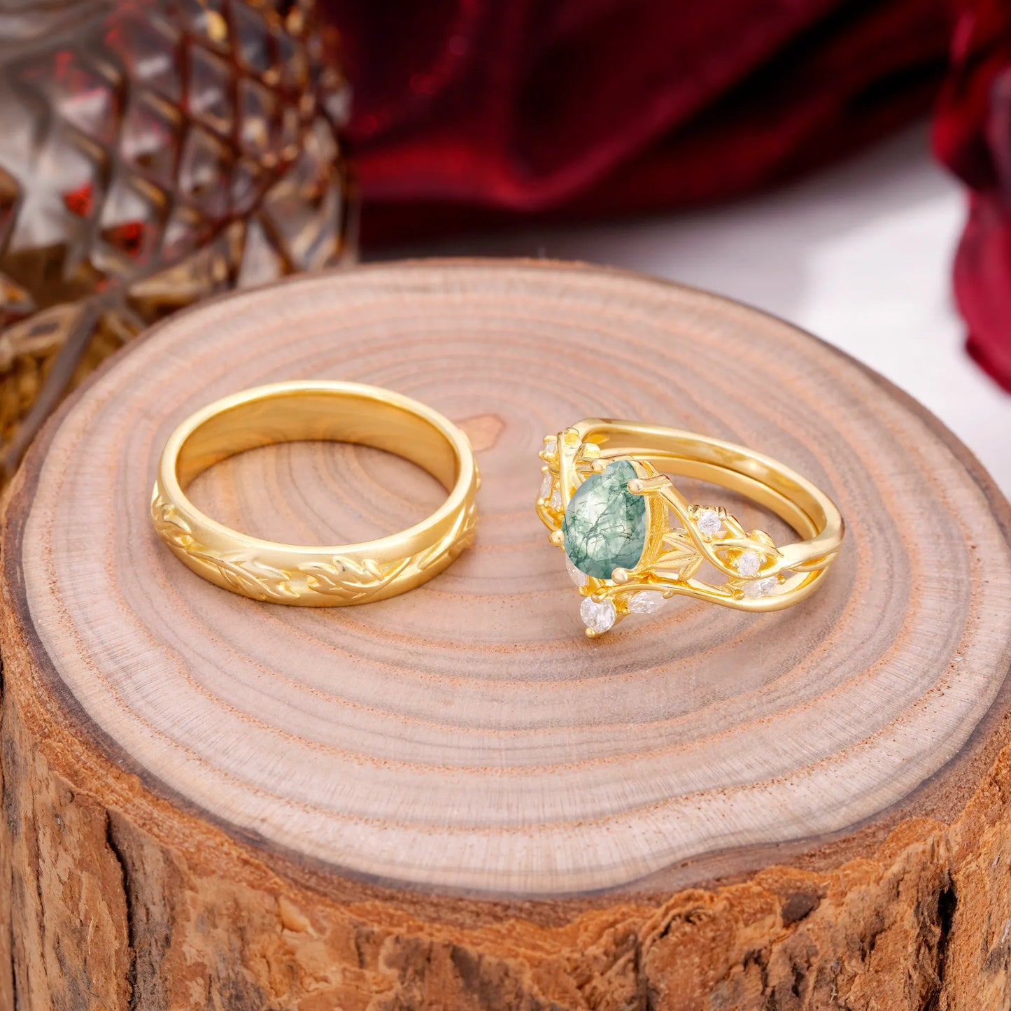 Vintage Leaf Pear Cut Moss Agate Couple Wedding Ring