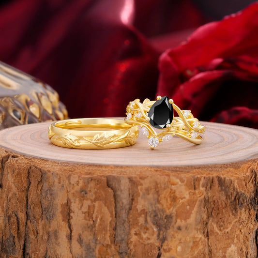 Vintage Leaf Pear Cut Black Onyx Couple Wedding Ring