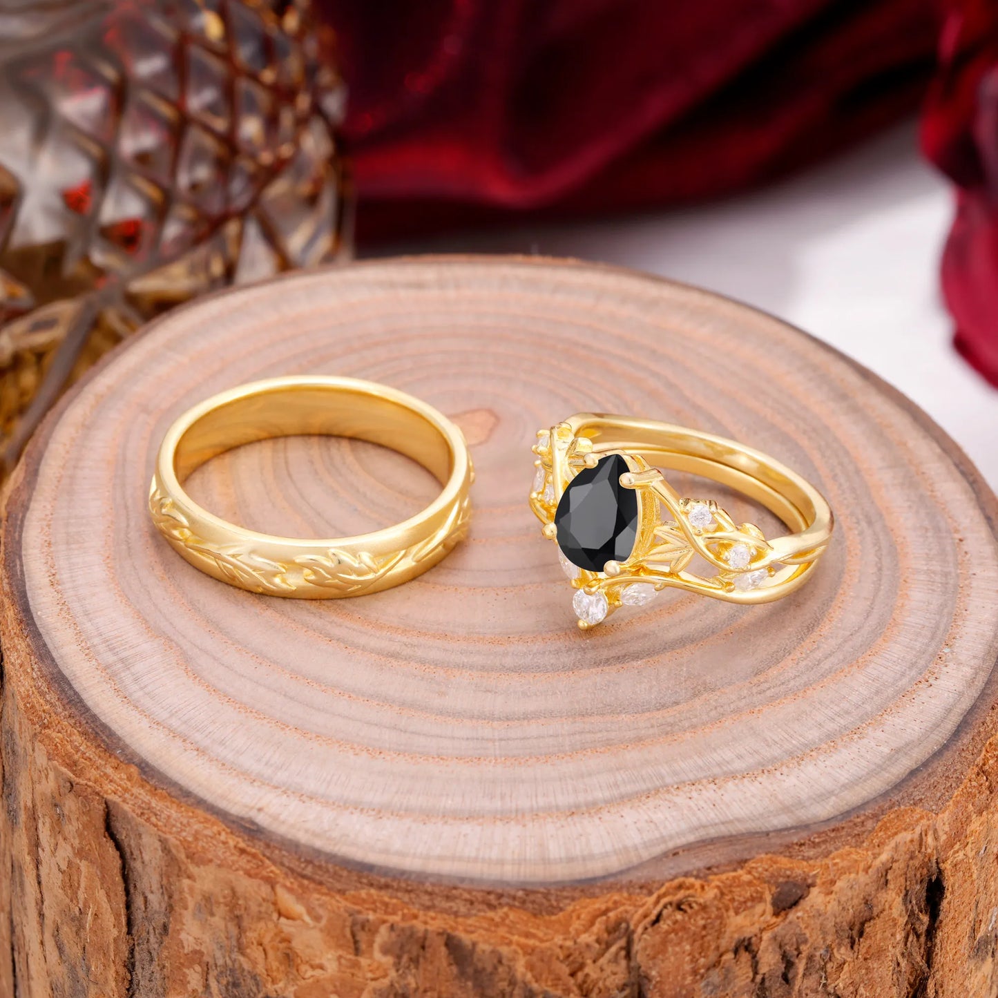 Vintage Leaf Pear Cut Black Onyx Couple Wedding Ring