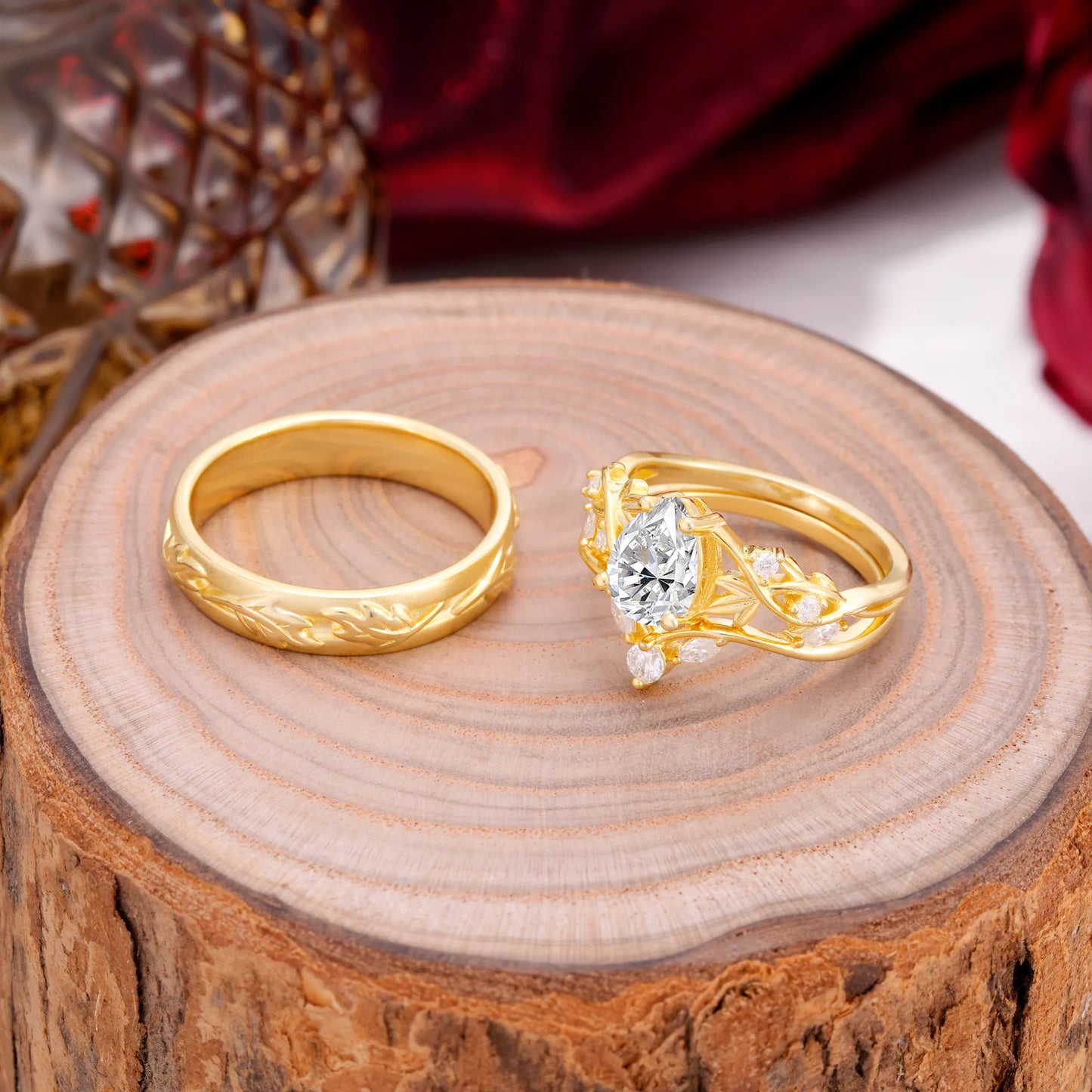 Vintage Leaf Pear Cut Lab Diamond Couple Wedding Ring