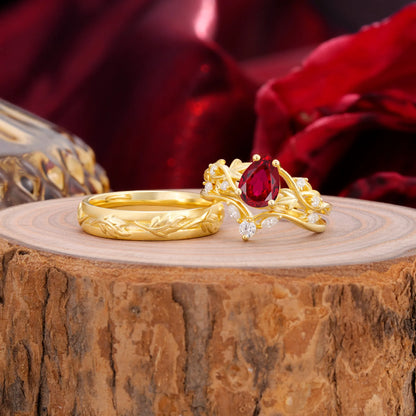 Vintage Leaf Pear Cut Ruby Couple Wedding Ring