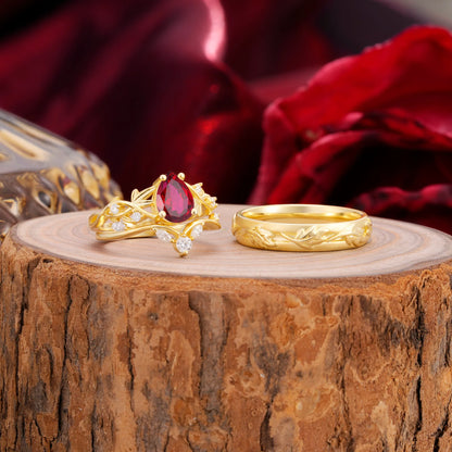 Vintage Leaf Pear Cut Ruby Couple Wedding Ring