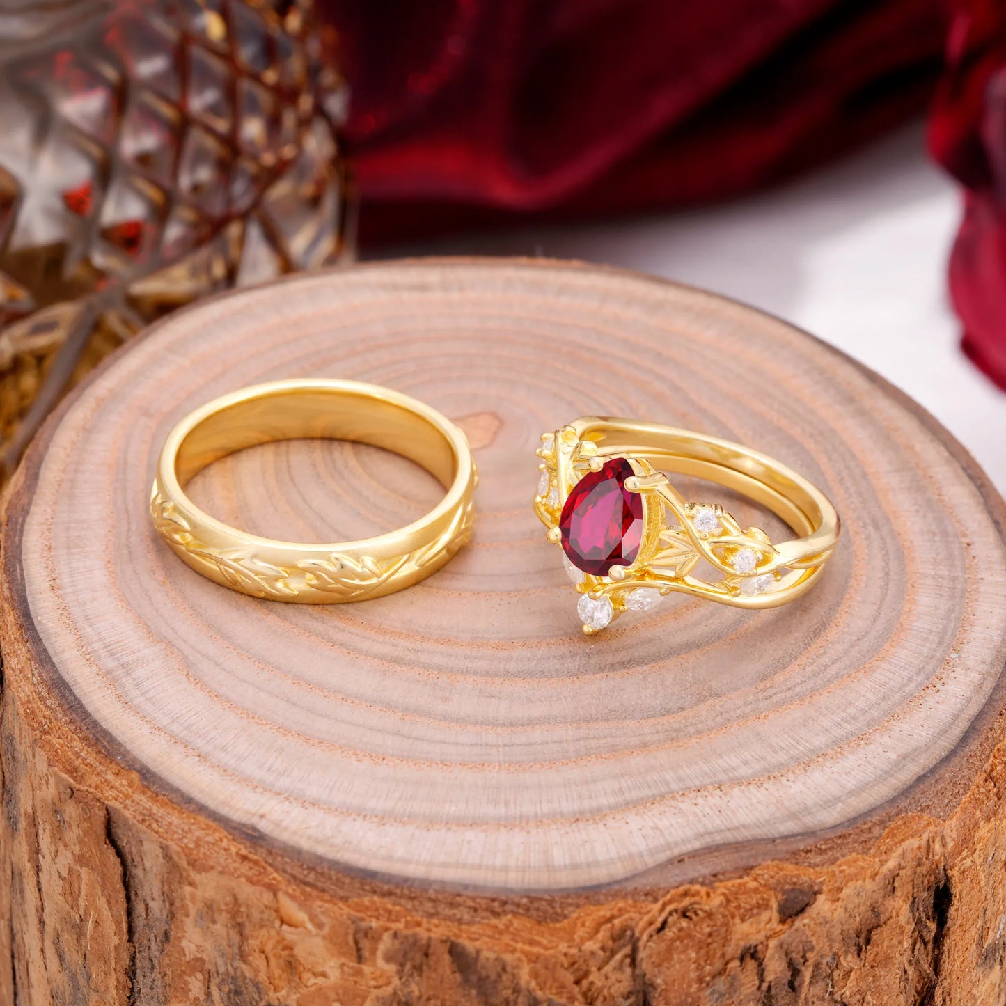 Vintage Leaf Pear Cut Ruby Couple Wedding Ring