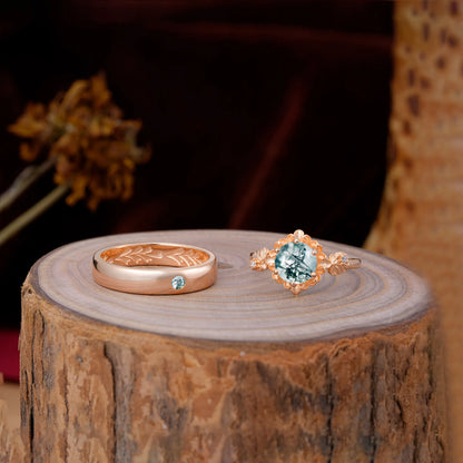 Elegant Floral Leaf Moss Agate Center Wedding Couple Rings