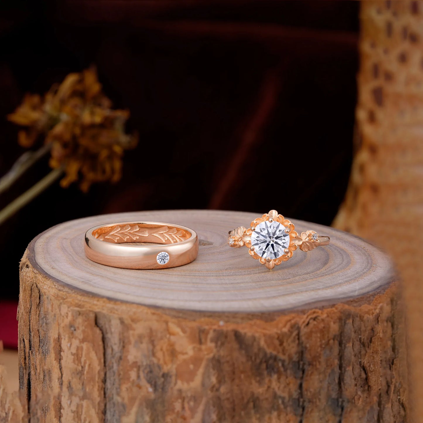Elegant Floral Leaf Lab Diamond Center Wedding Couple Rings