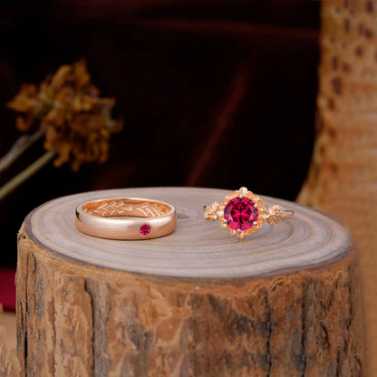 Elegant Floral Leaf Ruby Center Wedding Couple Rings