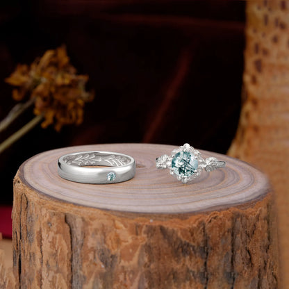 Elegant Floral Leaf Moss Agate Center Wedding Couple Rings