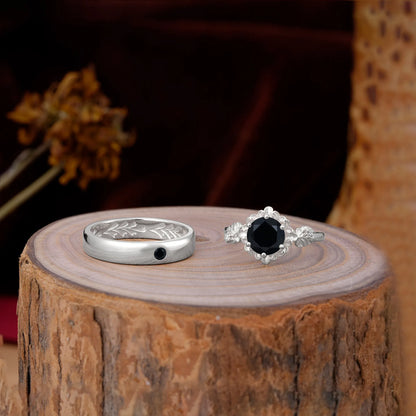 Elegant Floral Leaf Black Onyx Center Wedding Couple Rings