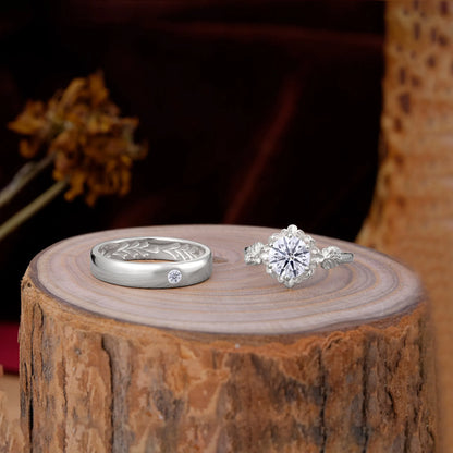 Elegant Floral Leaf Lab Diamond Center Wedding Couple Rings