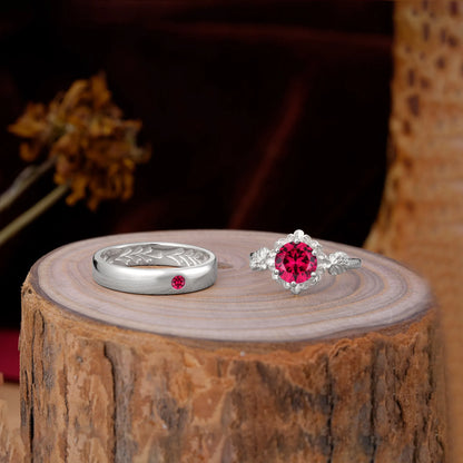 Elegant Floral Leaf Ruby Center Wedding Couple Rings