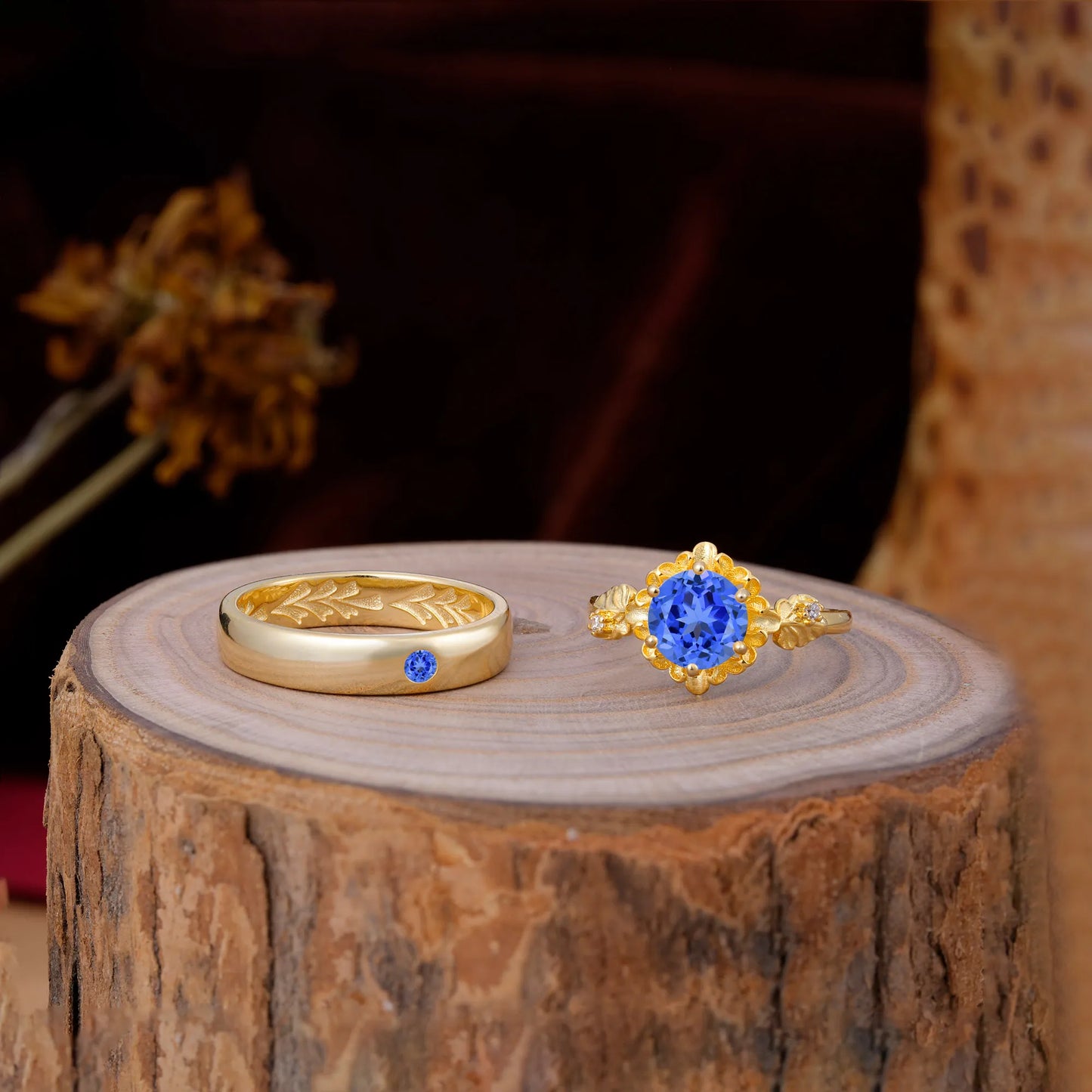 Elegant Floral Leaf Sapphire Center Wedding Couple Rings
