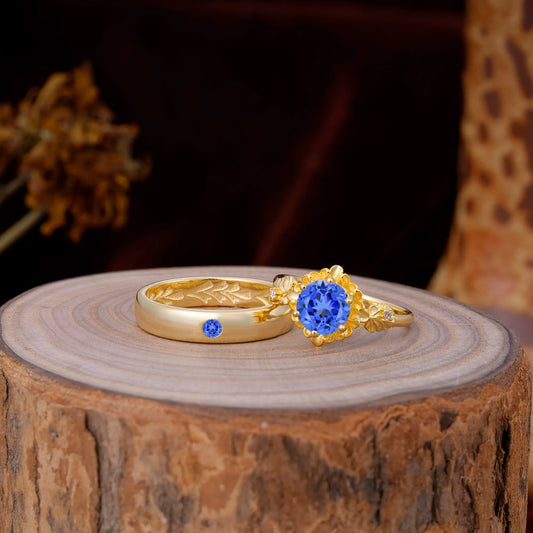 Elegant Floral Leaf Sapphire Center Wedding Couple Rings