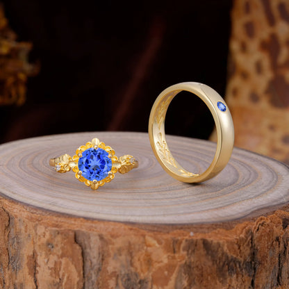 Elegant Floral Leaf Sapphire Center Wedding Couple Rings