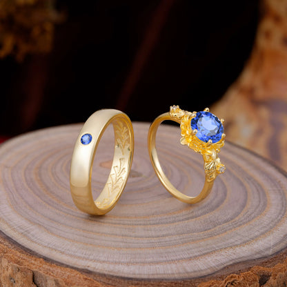 Elegant Floral Leaf Sapphire Center Wedding Couple Rings