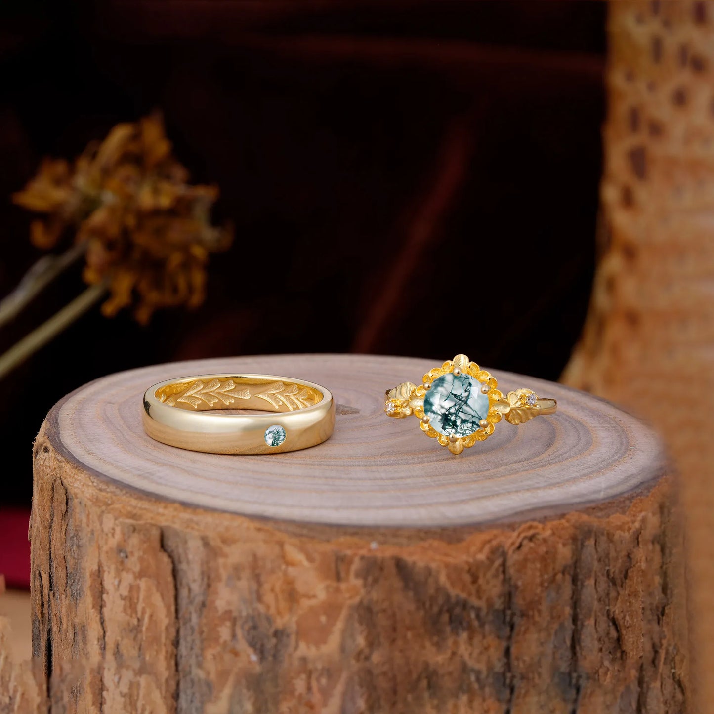 Elegant Floral Leaf Moss Agate Center Wedding Couple Rings