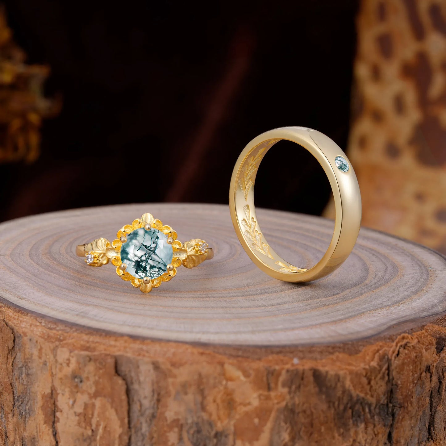 Elegant Floral Leaf Moss Agate Center Wedding Couple Rings