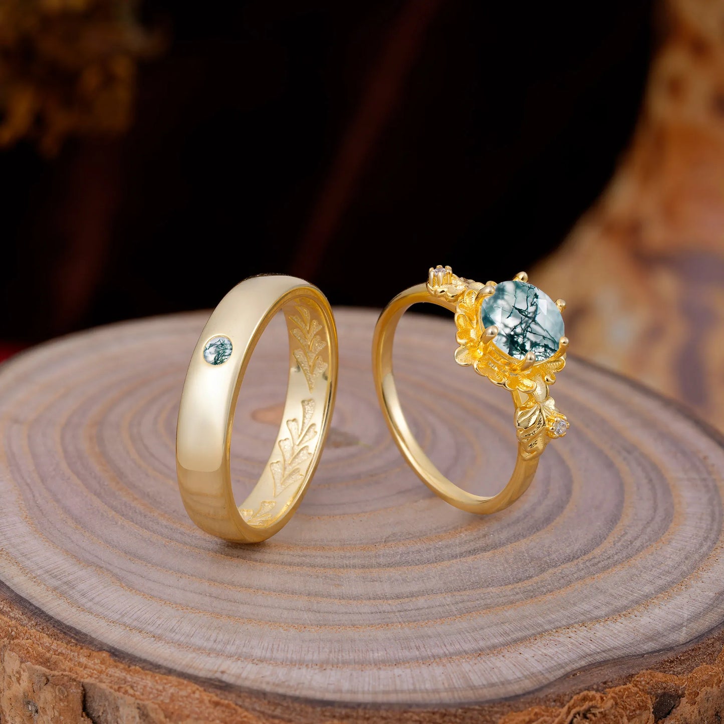 Elegant Floral Leaf Moss Agate Center Wedding Couple Rings