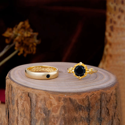 Elegant Floral Leaf Black Onyx Center Wedding Couple Rings