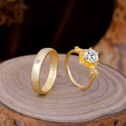 Elegant Floral Leaf Lab Diamond Center Wedding Couple Rings