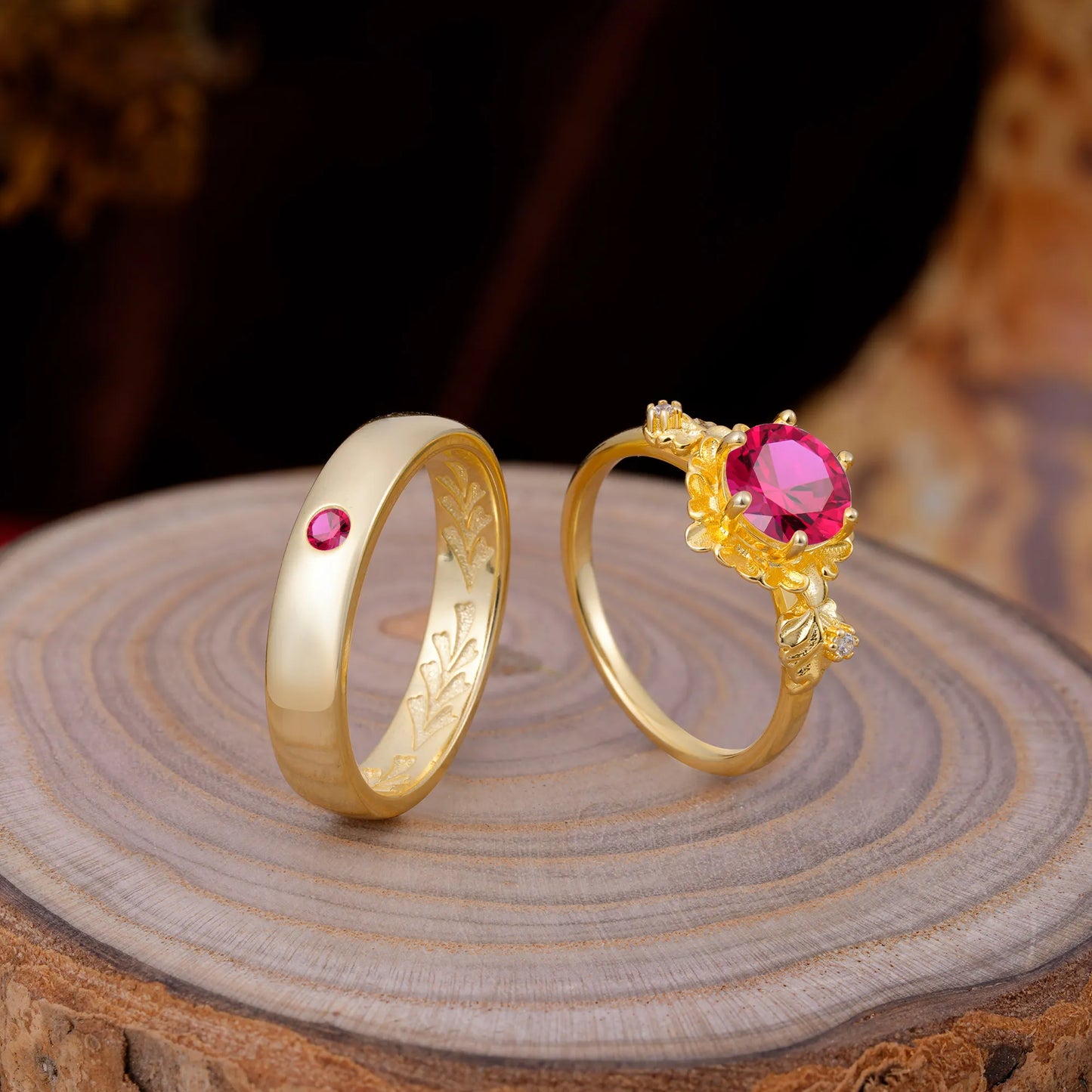 Elegant Floral Leaf Ruby Center Wedding Couple Rings
