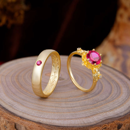 Elegant Floral Leaf Ruby Center Wedding Couple Rings