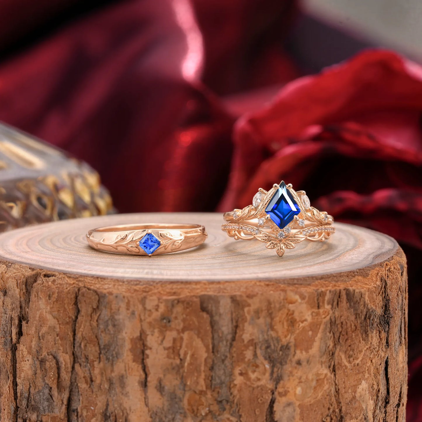 Vintage Leaf Kite Cut Sapphire Wedding Couple Ring