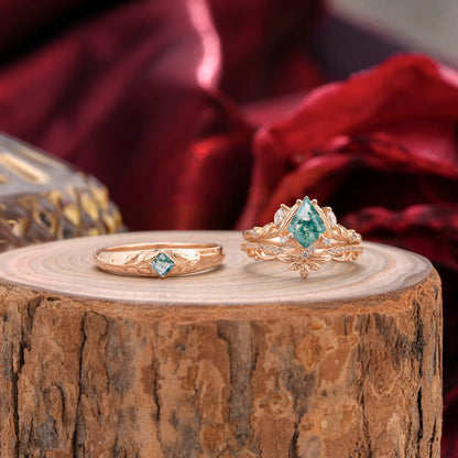 Vintage Leaf Kite Cut Moss Agate Wedding Couple Ring