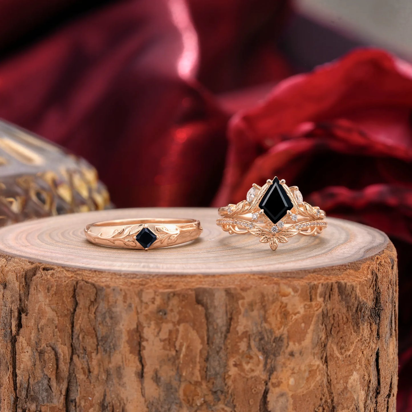 Vintage Leaf Kite Cut Black Onyx Wedding Couple Ring