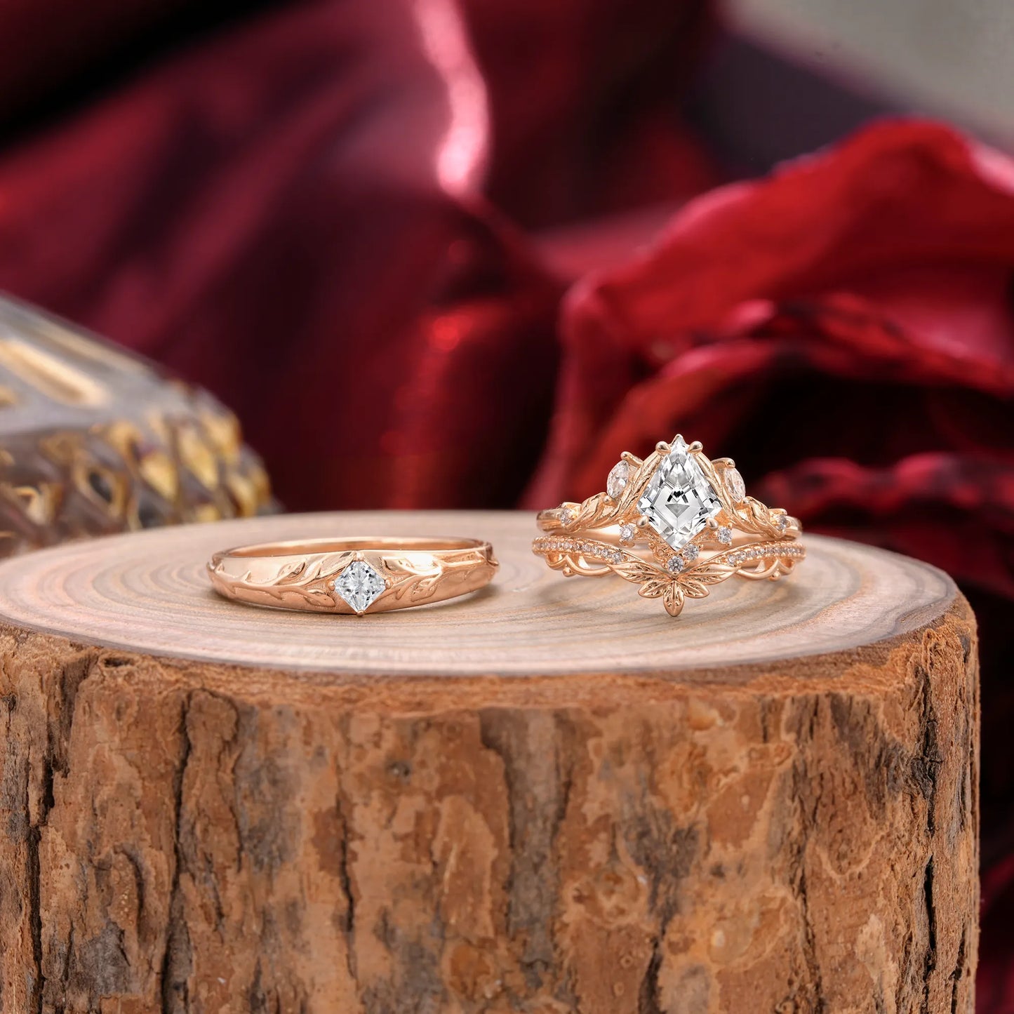 Vintage Leaf Kite Cut Lab Diamond Wedding Couple Ring