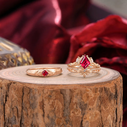Vintage Leaf Kite Cut Ruby Wedding Couple Ring