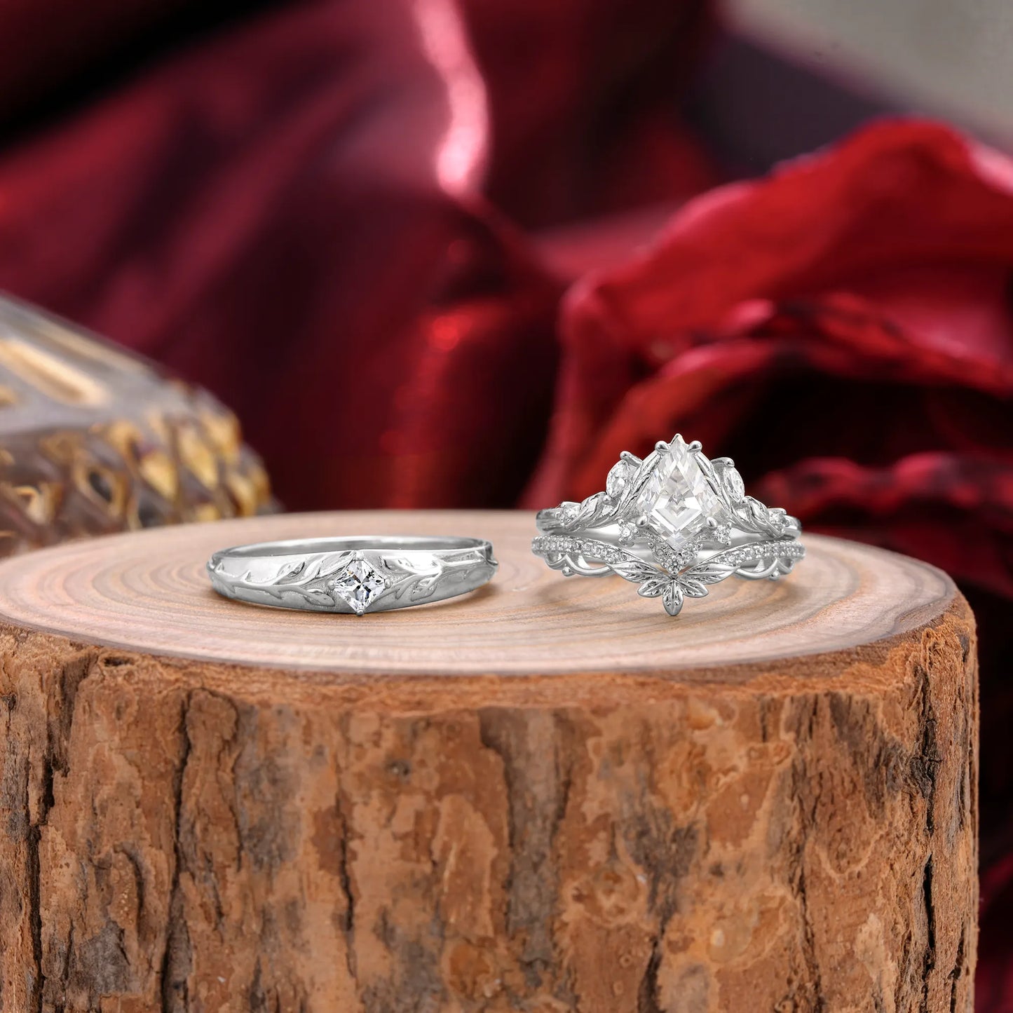 Vintage Leaf Kite Cut Moissanite Wedding Couple Ring