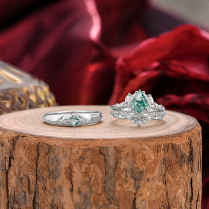 Vintage Leaf Kite Cut Moss Agate Wedding Couple Ring