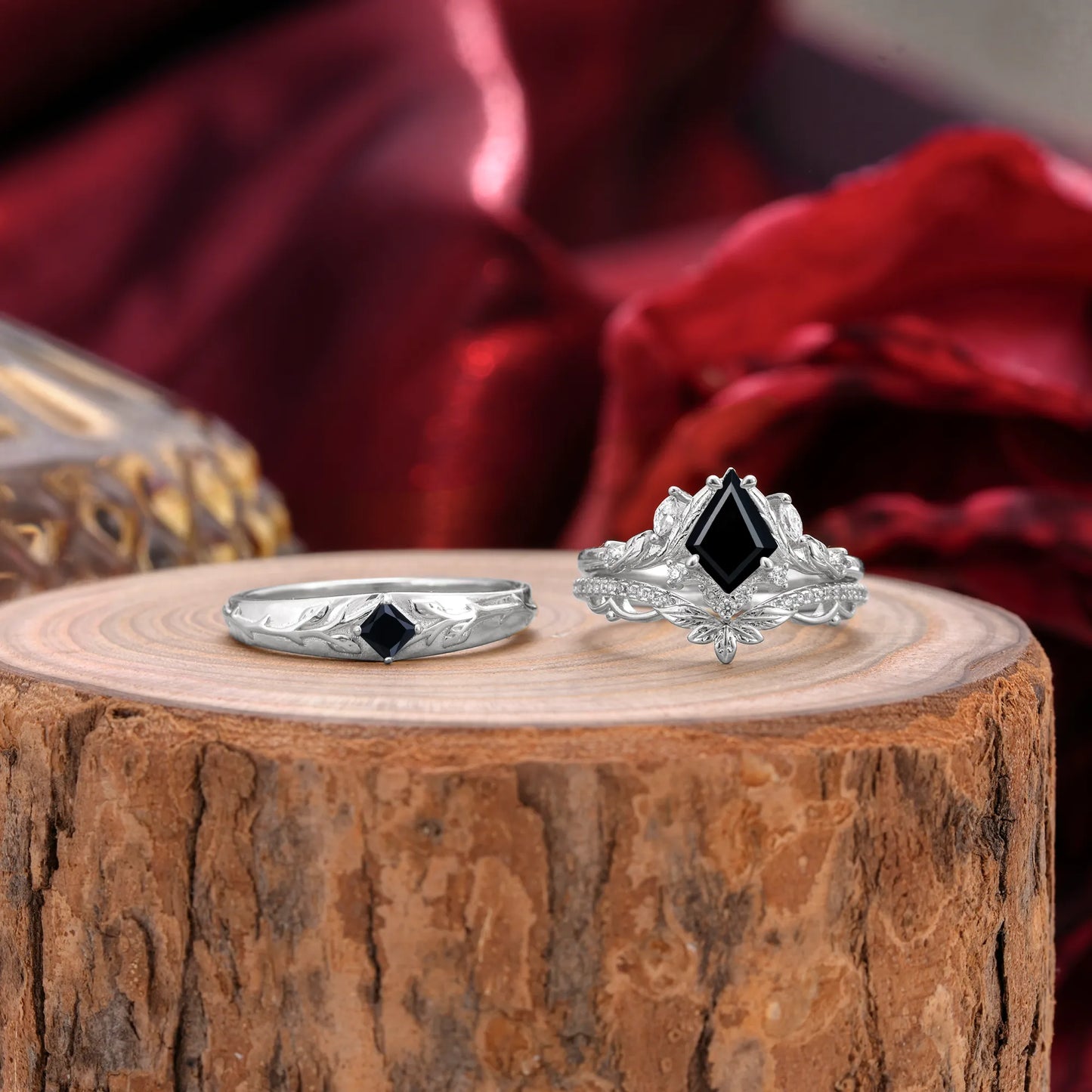Vintage Leaf Kite Cut Black Onyx Wedding Couple Ring