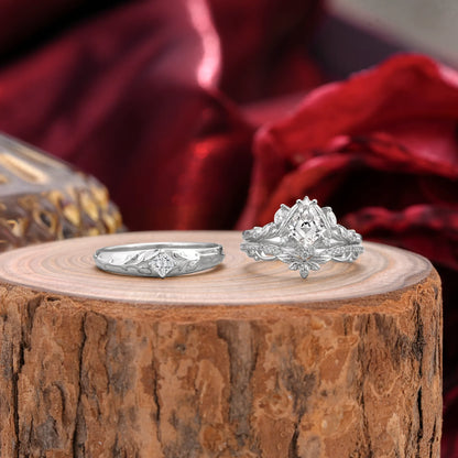 Vintage Leaf Kite Cut Lab Diamond Wedding Couple Ring