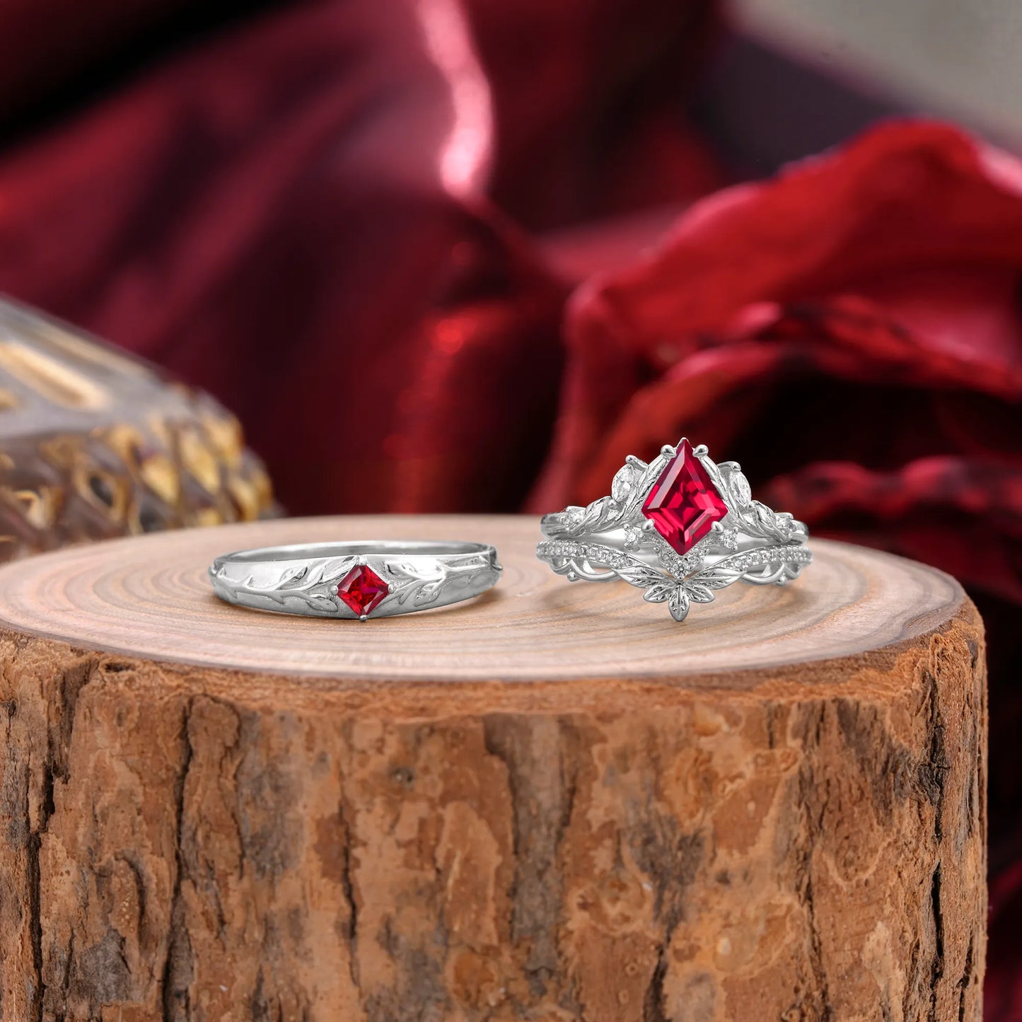 Vintage Leaf Kite Cut Ruby Wedding Couple Ring