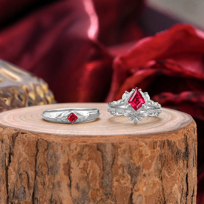 Vintage Leaf Kite Cut Ruby Wedding Couple Ring
