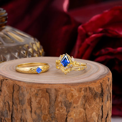 Vintage Leaf Kite Cut Sapphire Wedding Couple Ring