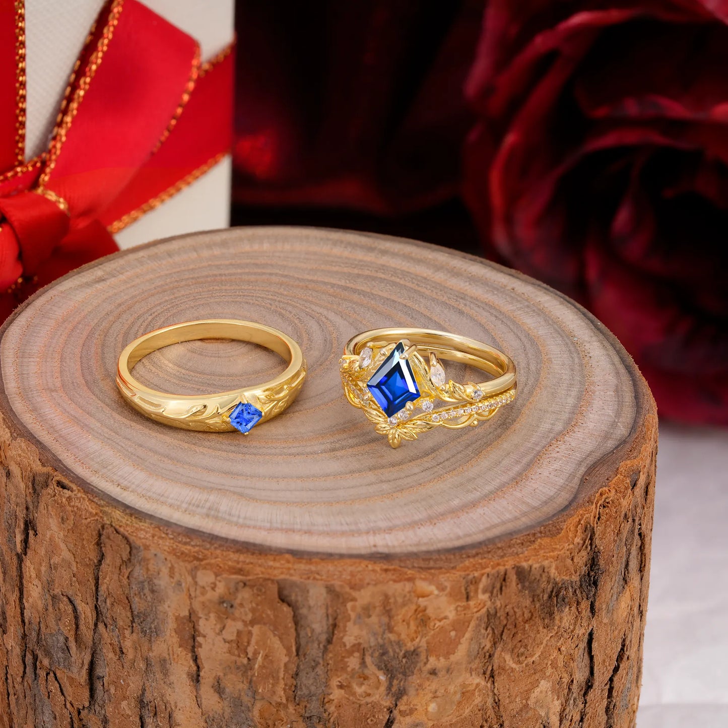 Vintage Leaf Kite Cut Sapphire Wedding Couple Ring