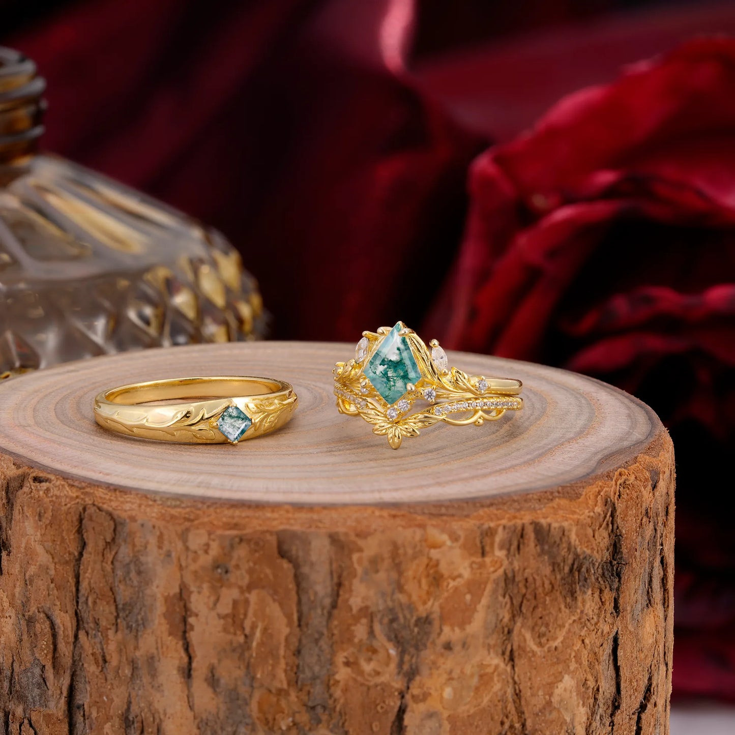 Vintage Leaf Kite Cut Moss Agate Wedding Couple Ring