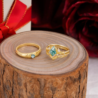 Vintage Leaf Kite Cut Moss Agate Wedding Couple Ring