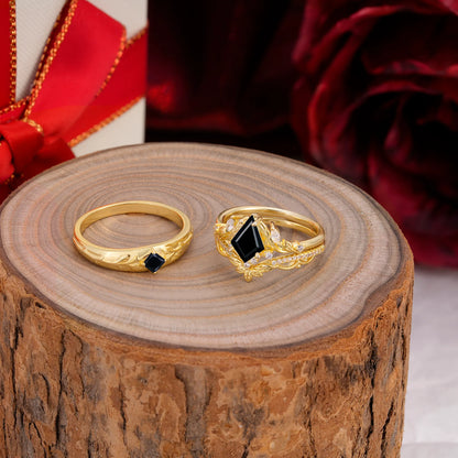 Vintage Leaf Kite Cut Black Onyx Wedding Couple Ring