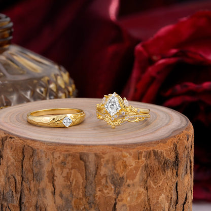 Vintage Leaf Kite Cut Lab Diamond Wedding Couple Ring