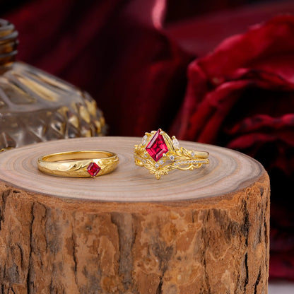 Vintage Leaf Kite Cut Ruby Wedding Couple Ring