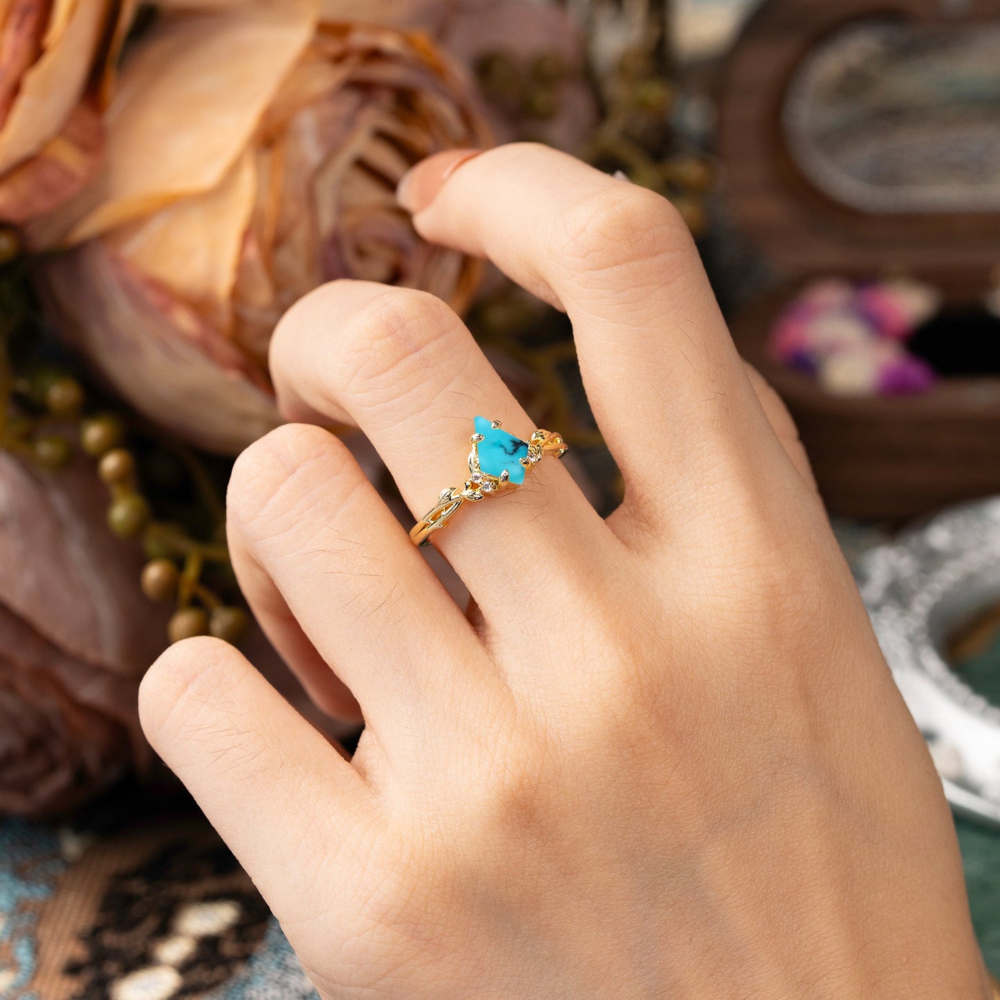 Nature-Inspired Kite Cut Turquoise Engagement Ring